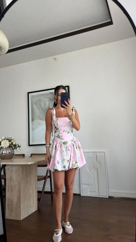 Lina Çiçek Desenli Bağlamalı Askılı Mini Elbise (pembe)