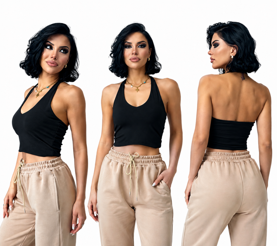Nova Boyundan Bağlamalı Crop Bluz (Siyah)