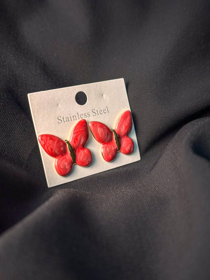 Gold Premium Kırmızı Mineli Kelebek Küpe