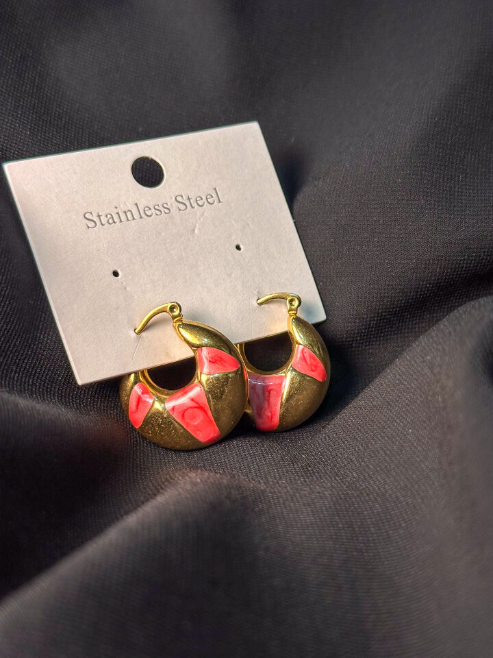 Gold Premium Kırmızı Mineli Bombeli Halka Küpe