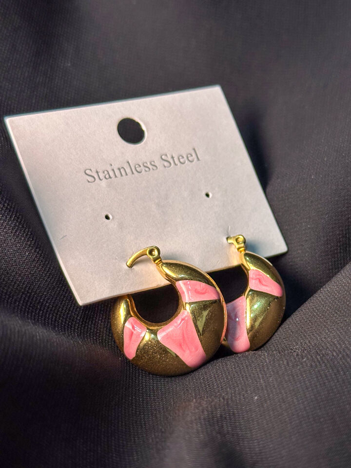 Gold Premium Pembe Mineli Bombeli Halka Küpe