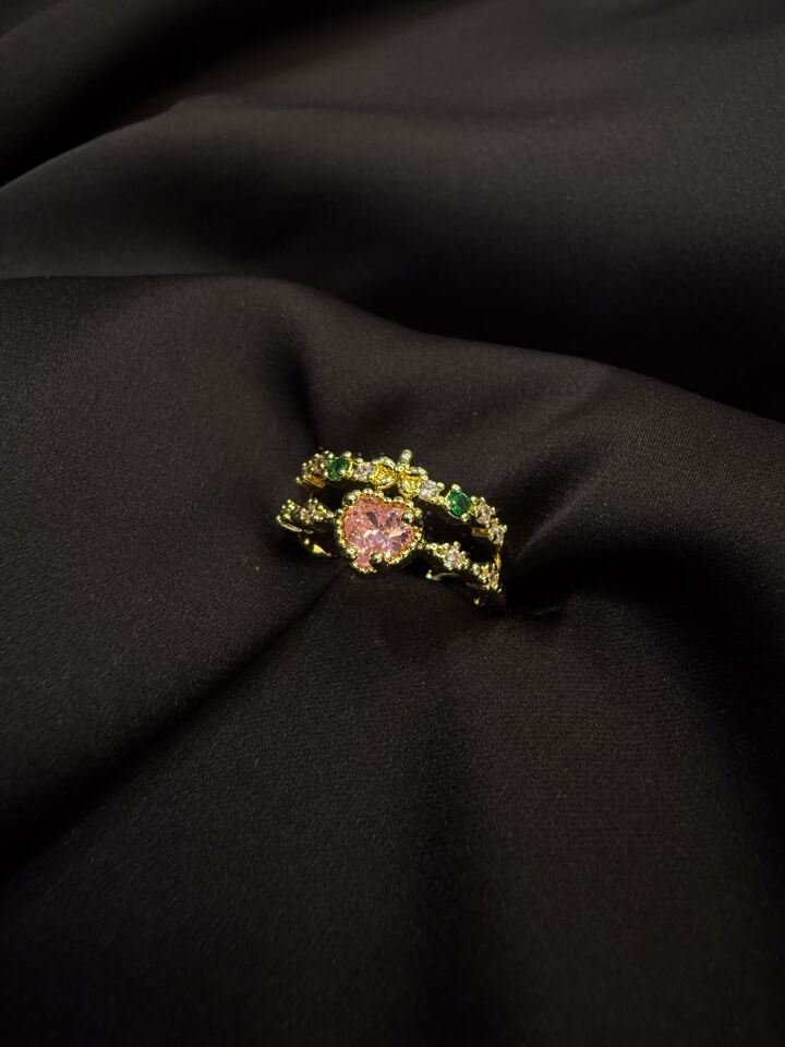 Pembe Taşlı Çift Katlı Yüzük (Gold)